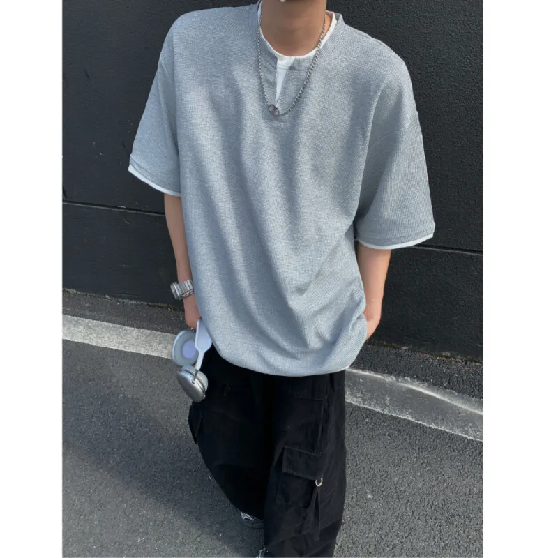 

M-XXXXXL Men's Plus Size Waffle Knit Short Sleeve T-Shirt - Fake Two-Tone Layered Look Casual Summer Top Short Sleeve Summer Top