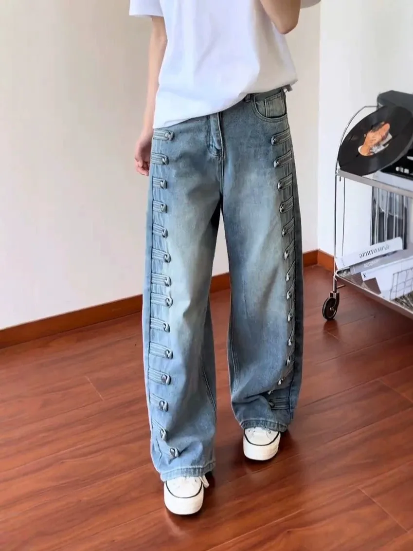 Loose Fit High Waist Wide Leg Denim Jeans Women's American Retro Napoleon Court Style Jeans Metal Buckle Design Casual Trousers