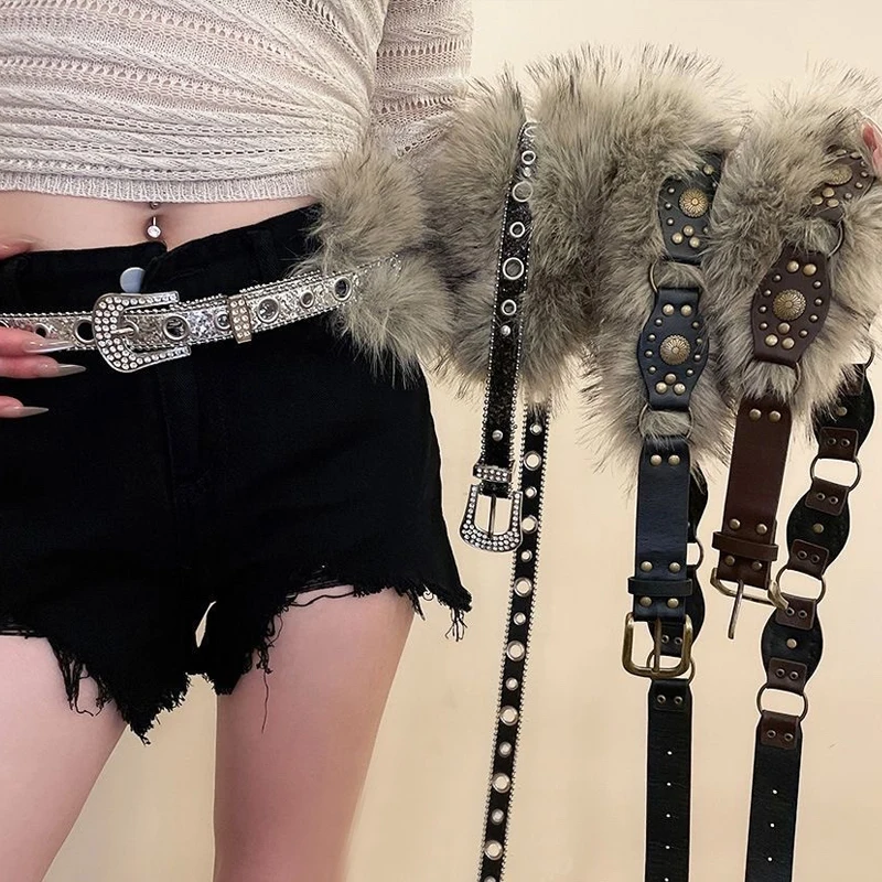 Y2K حار بنات حزام قطيفة القوطية الشرير الخصر سلسلة الرجعية تقليد الفراء الخصر سلسلة ثقافة فرعية الخريف الشتاء Harajuku مثير حزام #1