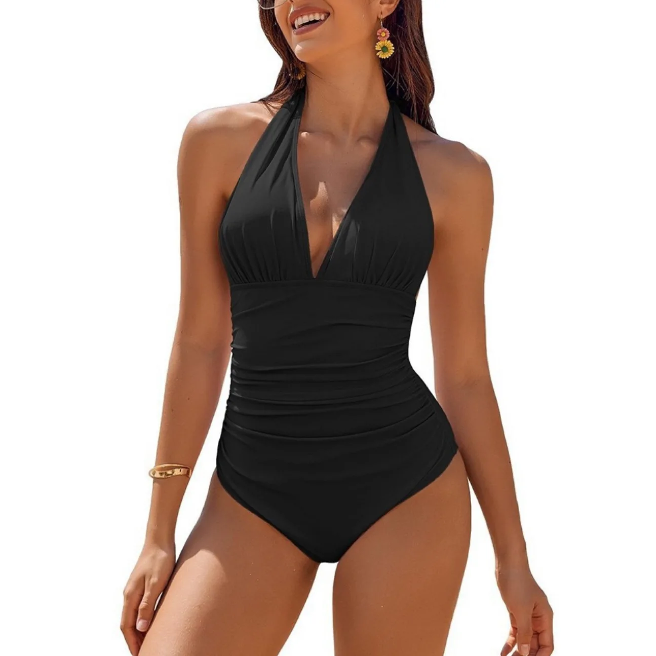 One Piece Sexy Neck Bikini Pleated Tight V-neck Swimsuit Tankini Swimsuits Women Bathing Suit Trikini Купальник Женский Monokini