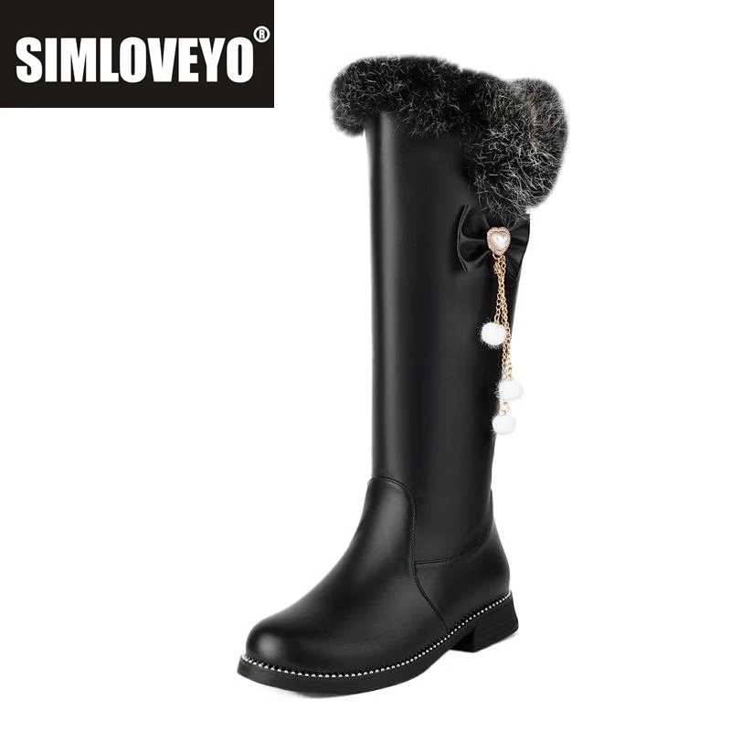 

SIMLOVEYO милые сапоги до колена для девочек с мехом, круглым носком, толстым каблуком 2,5 см, с бантом, размер 41, 42, 43, черный Bota для свиданий