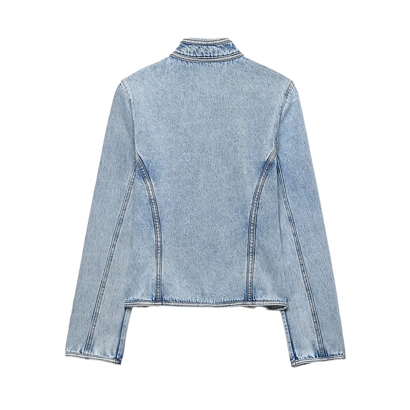 Blue Denim Jacket for Women Retro Button Decoration Waist Cinching Coat 2026 Autumn New Casual Stand Collar Outerwear