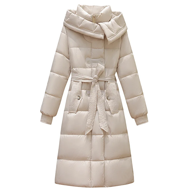 Women Parkas Coats Solid Hooded Jackets Zipper Pocket Waist Cinching Long Sleeves Longline Thick Office Lady Casual 2025 Winter