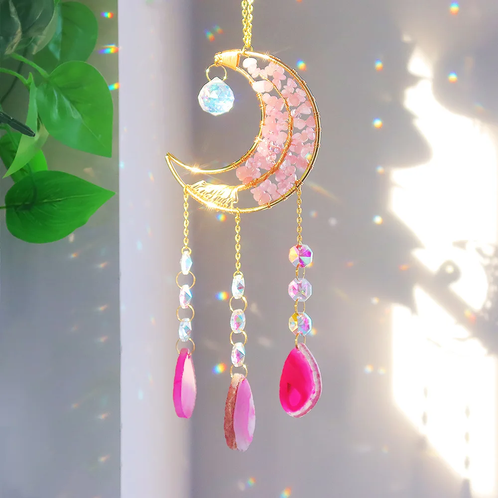 Custom Rose Quartz Chip Stone Tree of Life Crescent Moon Sun Catcher - Glass Pendants Hanging Ornament for Window Decor