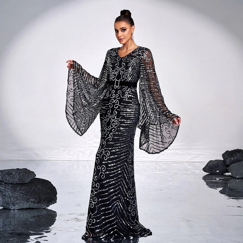 Women's Black Dresses Elegant Sexy Flare Sleeve Sequined Cocktail Prom Party Wedding Guest Evening Long Maxi Dress Ladies Robe