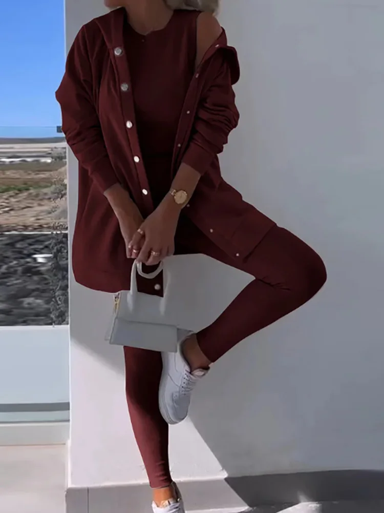 

Spring Summer Loungewear Three Pieces Sets, Women O-Neck Top Cardigan Coat Pencil Pants Fashion Outfit, 2024 Solid Ladies Suits