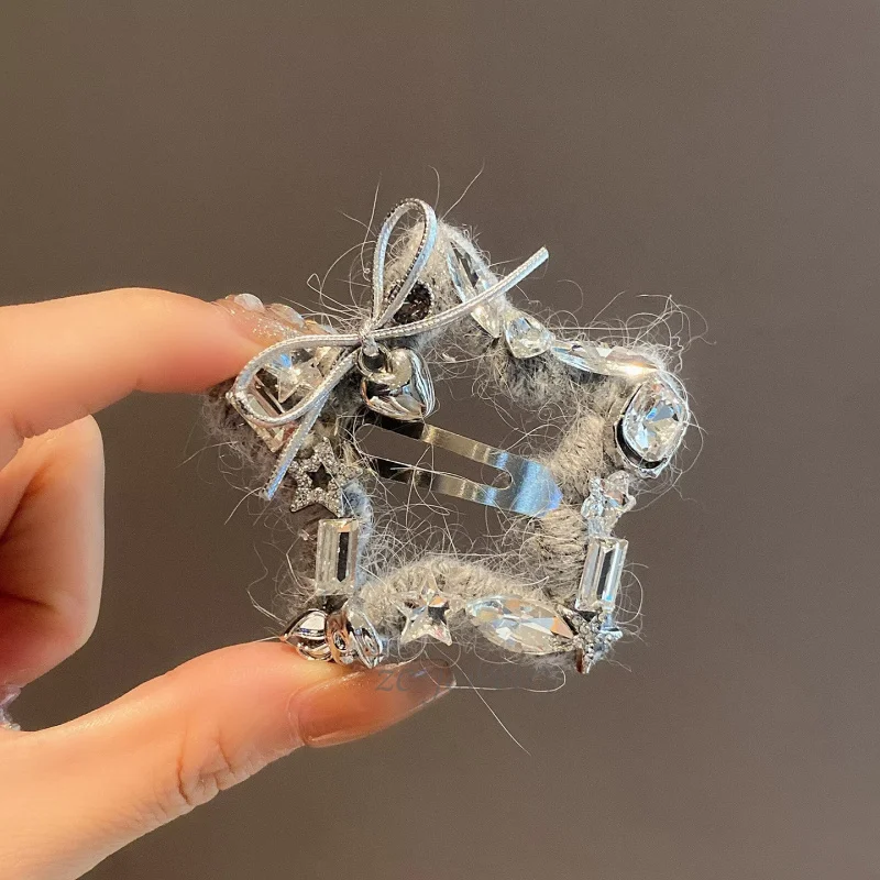 

Korean Style Light Luxury Versatile Gray Yarn Heavy Craft Sparkling Diamond Hair Clip for Women High-end Side Bangs Clip Hairpin