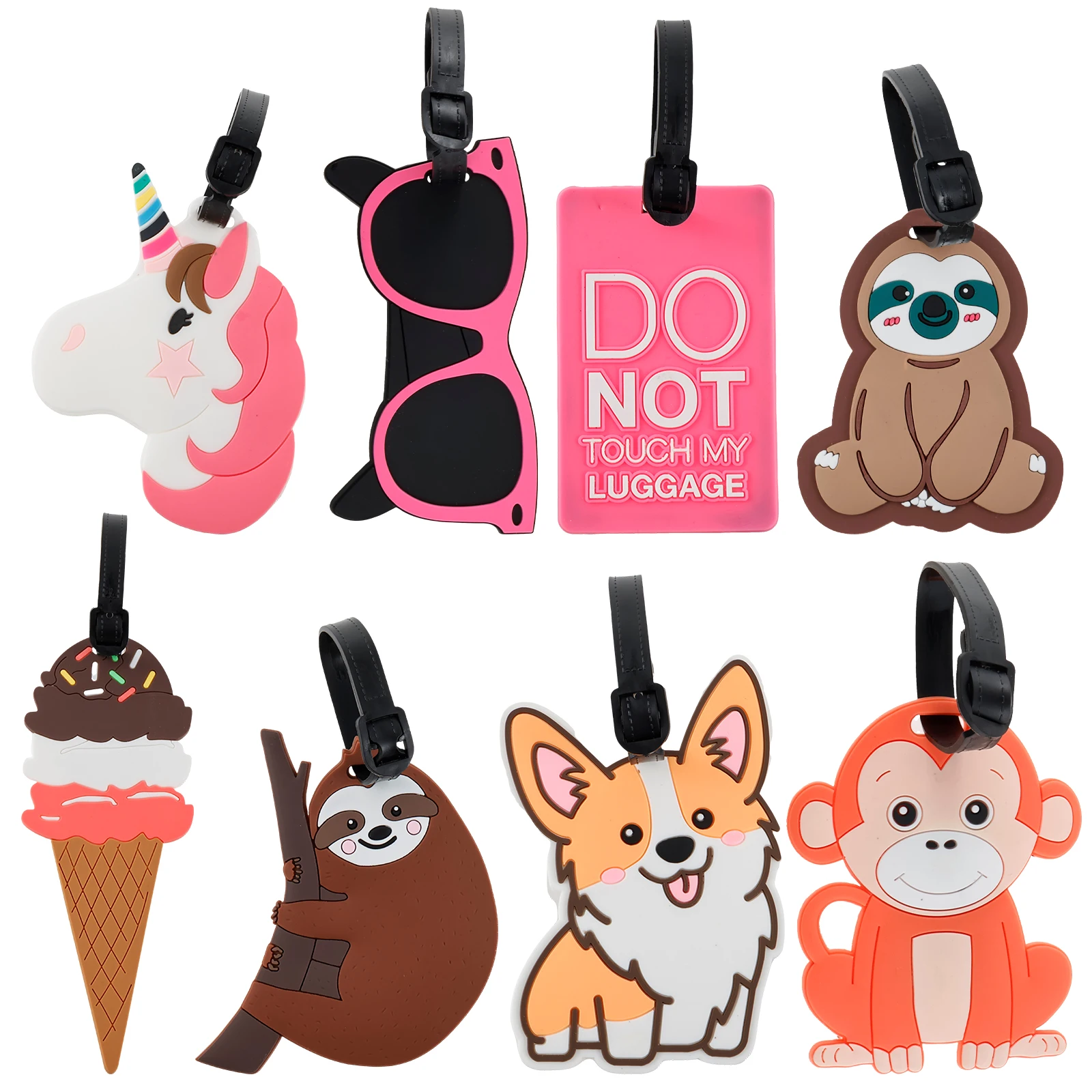 

8Pcs Luggage Tags Cartoon Suitcase Identify Labels PVC Travel Baggage Tags Cute Bag Tags with Adjustable Strap