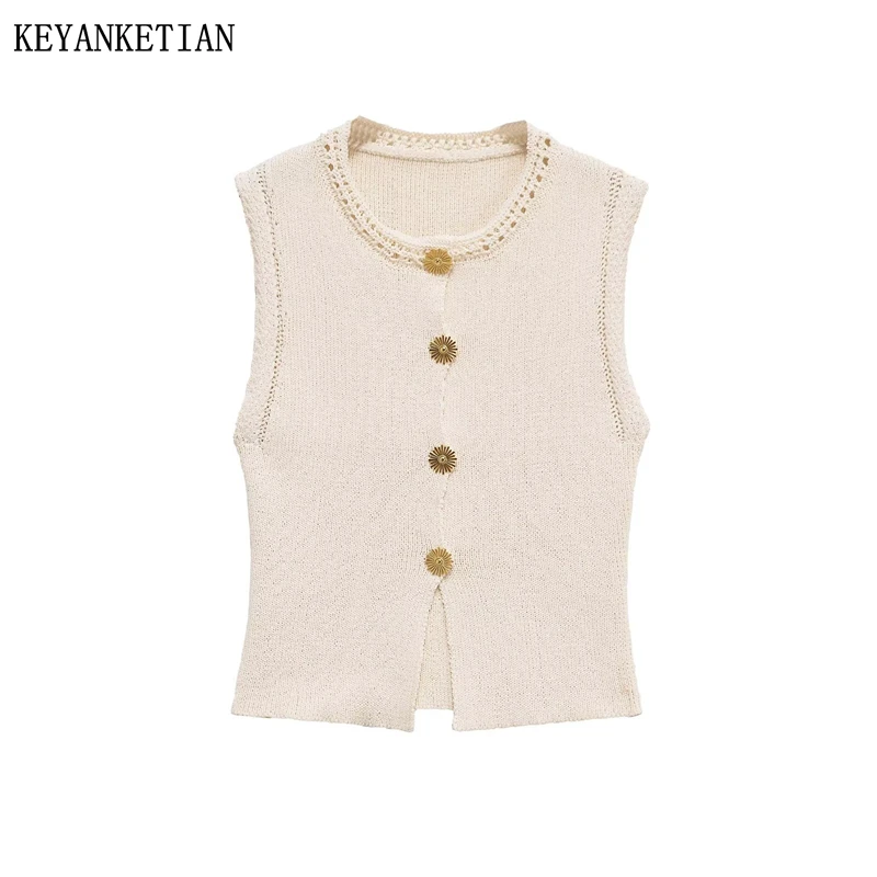 

KEYANKETIAN Summer New Women's Clothing Flower Button Hollow Round Neck Slit Knitted Vest Women Sweater Vest