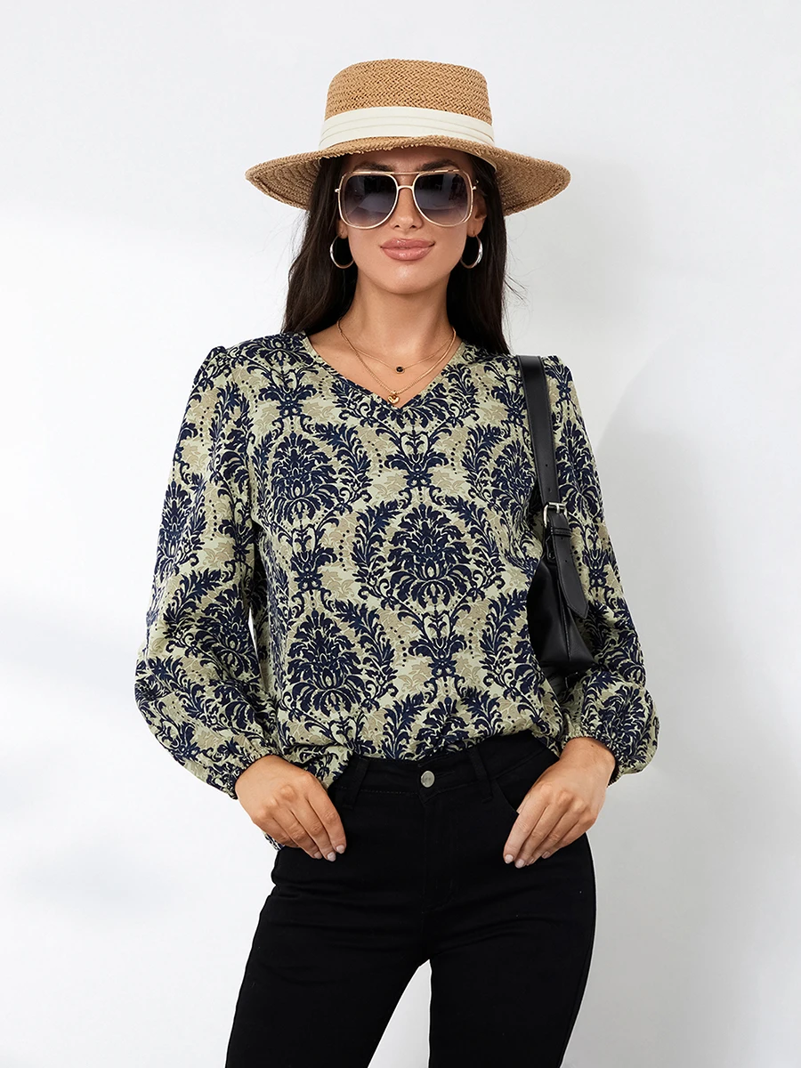 Blusa con estampado de plantas para mujer, camiseta de manga larga con cuello en V, blusa de estilo étnico Retro, ropa informal de primavera y otoño