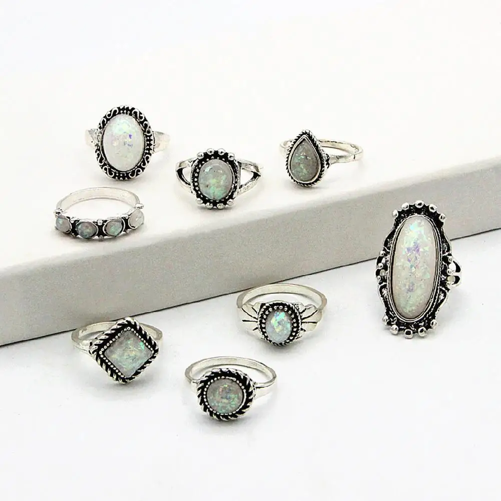 Lightweight 8Pcs/Set Chic Ethnic Style Faux Gem Finger Rings Alloy Midi Rings Oval   for Outdoor