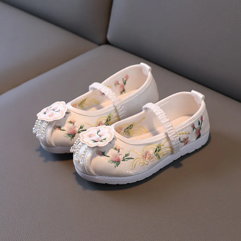 Chinese Vintage Cloth Shoes Baby Girls Kids Shoes Flats Flowers Embroidery Dancing Beading Tassel Princess Old Beijing Children