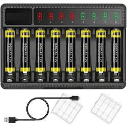 Cargador de batería de litio inteligente con 8 ranuras, cargador de batería inteligente con pantalla LED para 1,5 V, AA/AAA, NiMH