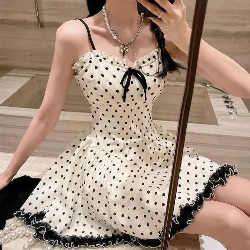 Summer New Bow Wooden Earrings 2024 New Lolita Patchwork Polka Dot Ruffles Floral Fashion Slim Elegant Sleeveless Slip Dress