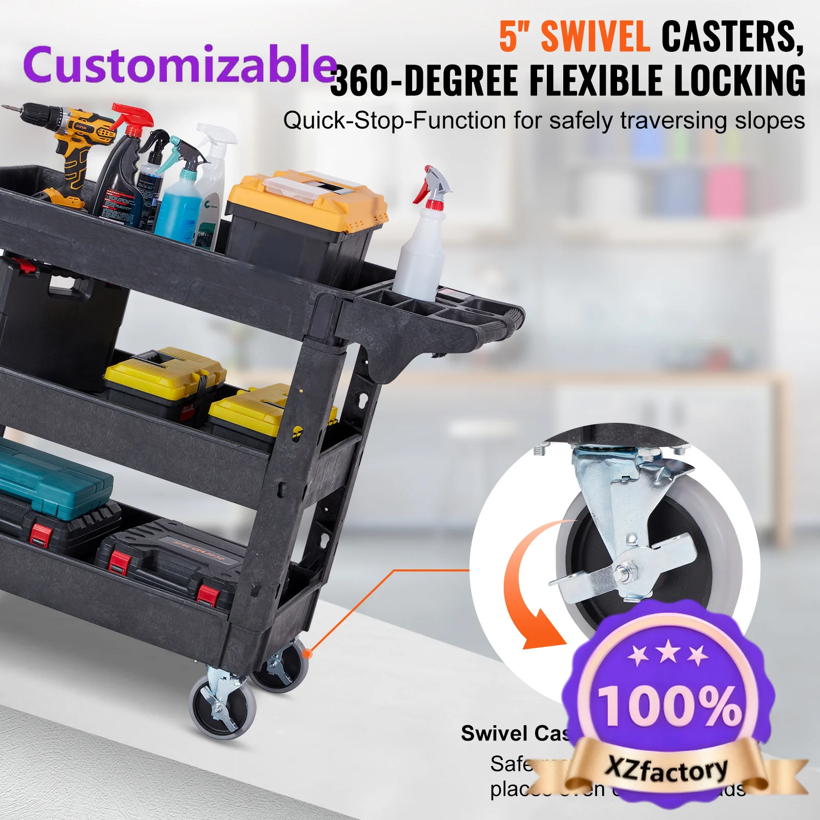Factory Direct 2026 Top RatedCarro de servicio utilitario de 2/3 estantes SucceBuy resistente con 360 ° Ruedas giratorias Manija