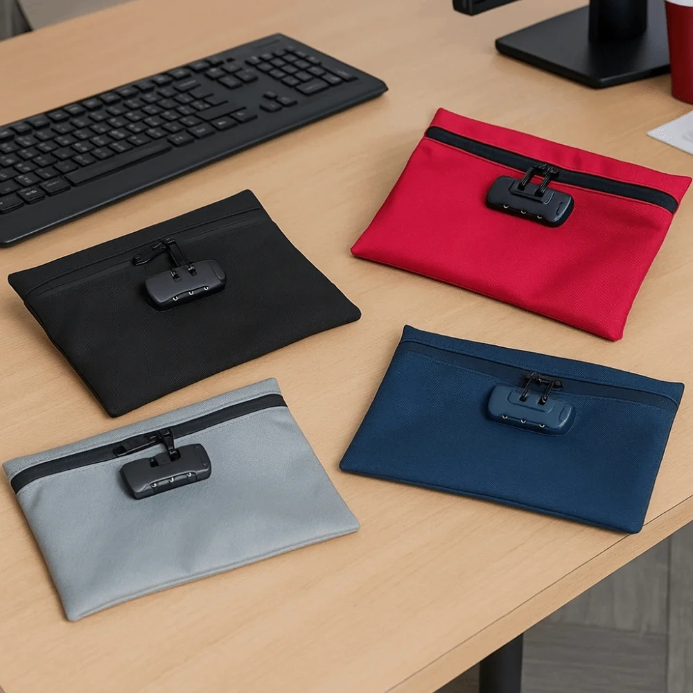 Combination Lock Money Bag with Lock Zip Closure Canvas Portable Locking Pouch Portable Waterproof Security Document Bag Camping