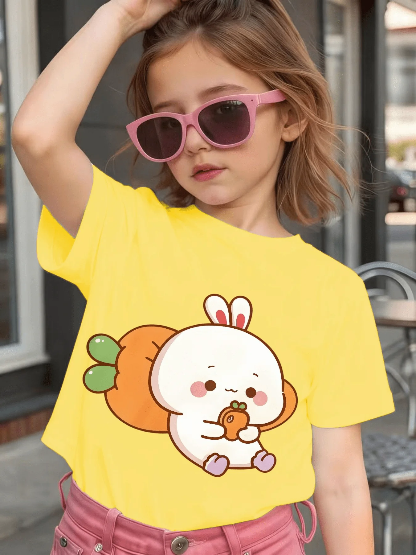 Chubby Rabbit Carrot Print Kids T Shirt Cotton Short Sleeve Boys Girls Parent Child Matching Summer Daily Soft Casual Tees