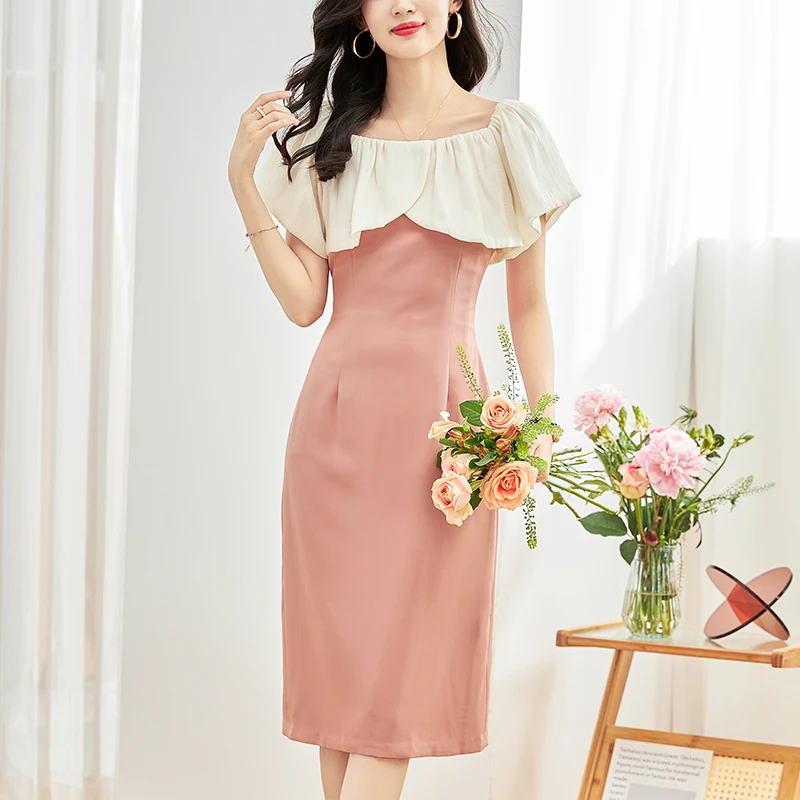

Elegant Party Dresses For Women 2024 Summer Slash Neck Short Sleeve Ruffles Fashion Dress Slim Women's Clothing Long Dress