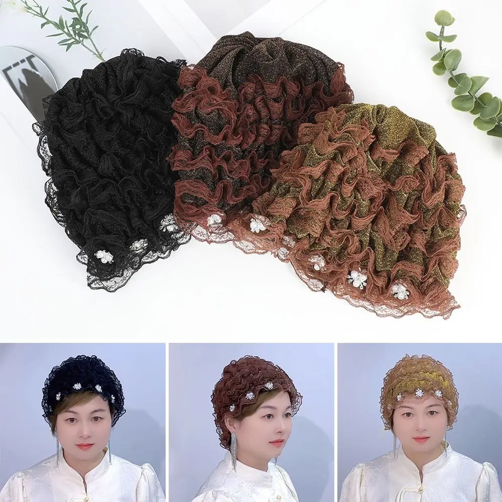 Fashion Flowers Baotou Hat Lace Pearls Cap Summer Embroidery Turban for Women