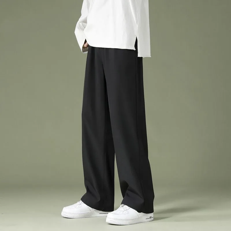 

Summer Thin Ice Silk Men's Straight Leg Pants Loose Nine Points Student Pure Color Wide Leg Casual Faion High Waist Polyest...
