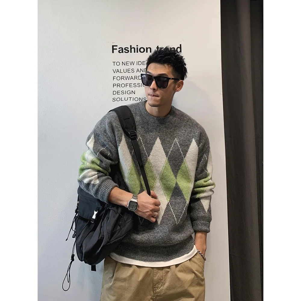 

Men's Diamond Pattern Knitted Sweater Loose Fit Korean Sle Winter Warm Long Sve round Ne Casual Top Faion Trend