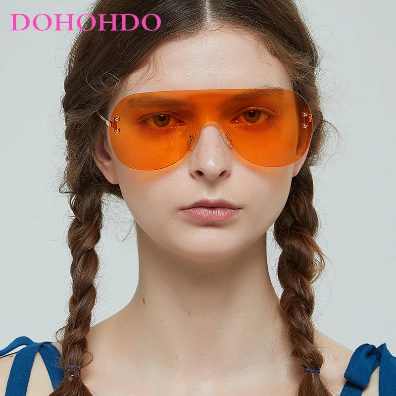 DOHOHDO One Piece Large Frame Men\'s Sunglasses 2024 Summer Fashion Clear Color Women Rimless Sun Glasses Oversize Metal UV400