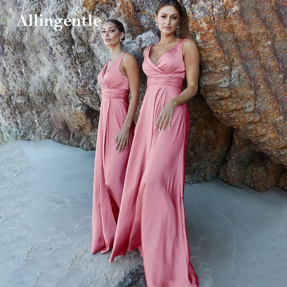 

Simple Long Bridesmaid Dress V-Neck Sleeveless Pink Formal Evening Party Gowns for Women vestidos para casamento dama Customized