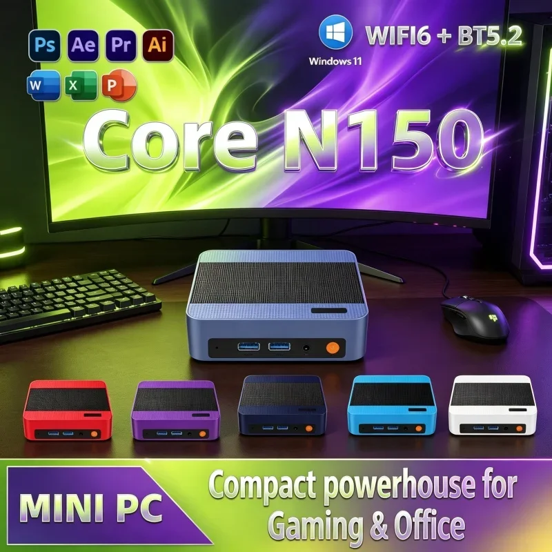 Hot Selling Intel N150 Mini PC Win11 12 Colors Optional 16GB/32GB RAM 1TB SSD WIFI6 BT5.2 Light Gaming Mini Desktop PC