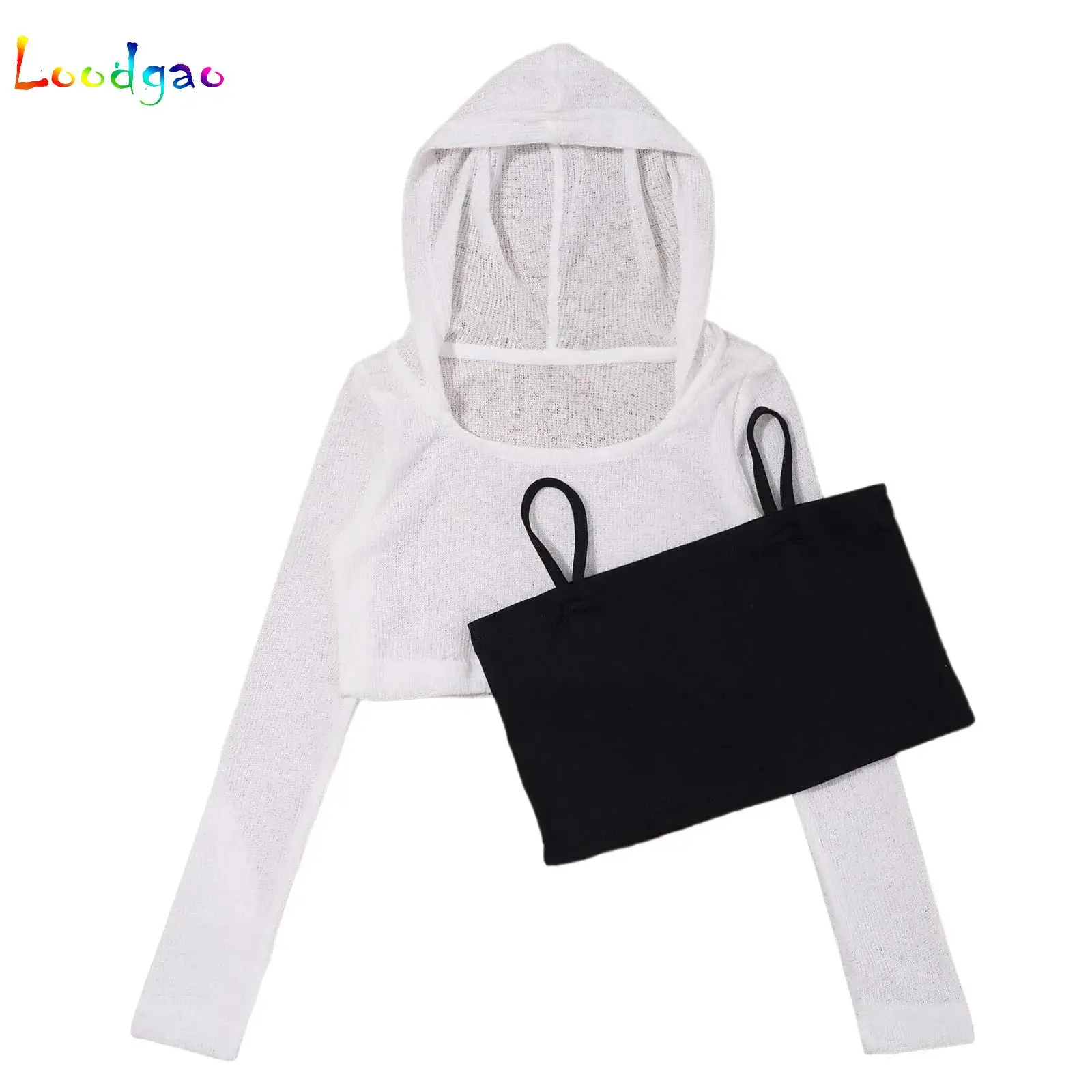 

Kids Girls Hip Hop Jazz Dance Costume Long Sleeve See-Through Hooded Crop Top+Spaghetti Straps Camisole Fashion Korean Clothes