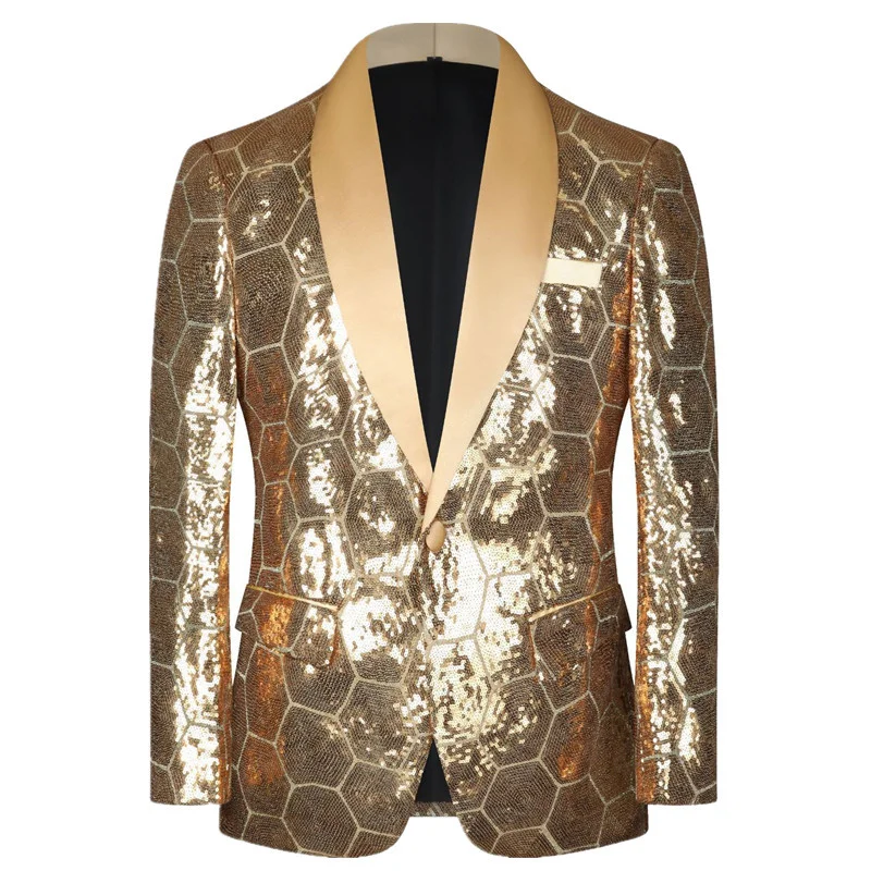 

2025 New Men Gold Sequined Suit Single Button Jacket Fashion Singer Stage Performance Dress Male Nightclub Bar KTV Luxury Blazer