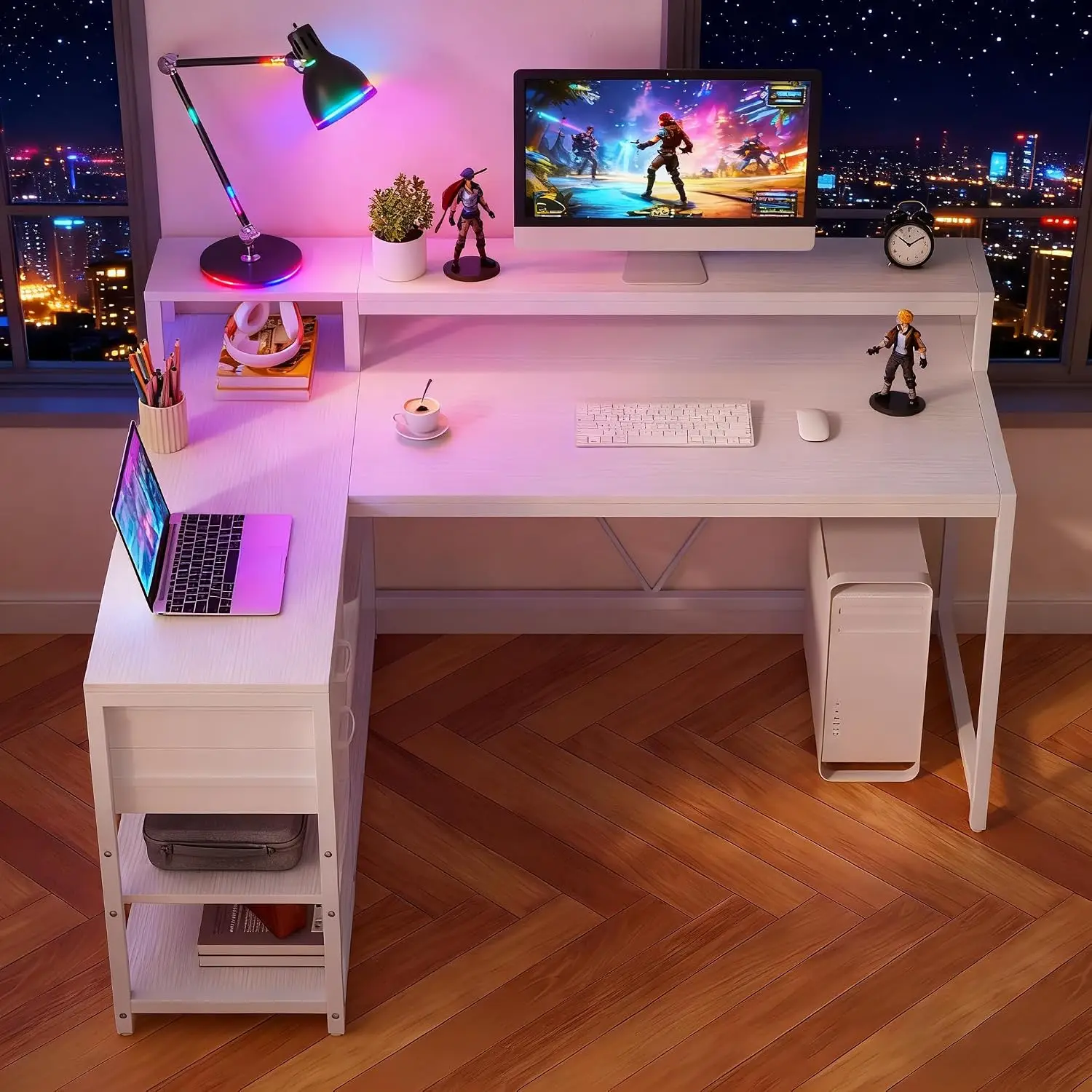 L Shaped Desk with Drawers & Shelves, Home Office Corner Computer Desk with Monitor Stand, 55