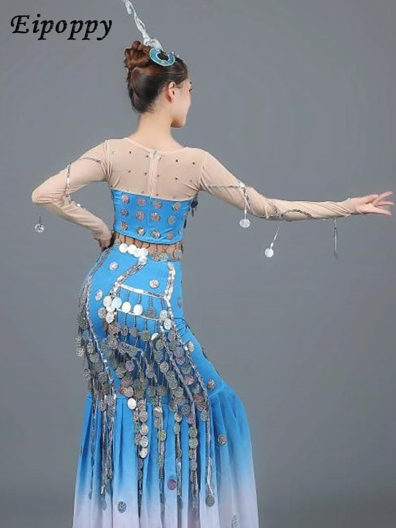 Costume de danse de la nationalité Dai pour adultes, costume de danse de paon, jupe en queue de poisson à paillettes, examen d'art