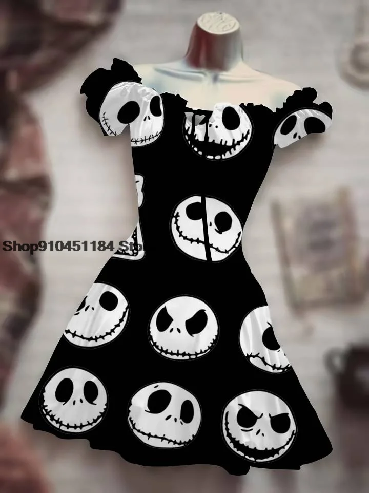 2022 Summer Drawstring Personalized Clothing Halloween Costume Skull 3D Print Skirt Hawaiian Bohemian Puff Sleeve Sexy Dress