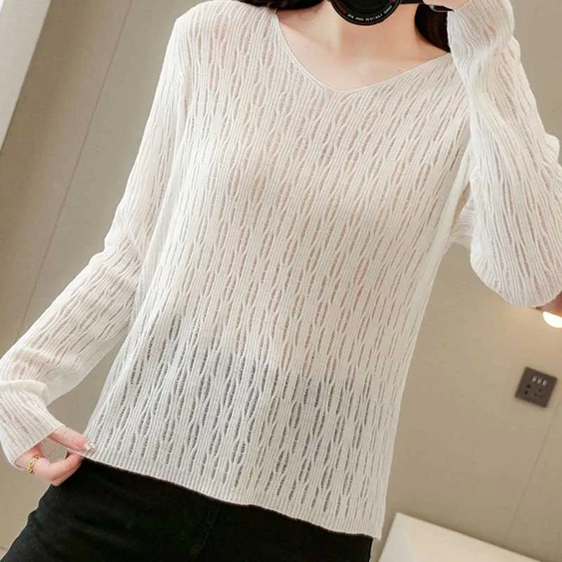 Fashion V-Neck All-match Solid Color Sweaters Women's Clothing Spring Autumn Loose Knitted Casual Pullovers Commuter Tops