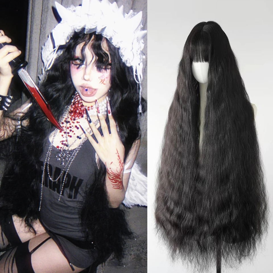 100cm Long Wave Black Wig With Bangs Synthetic Pink White Cosplay Lolita Daily Party Natural Wig For Women Halloween Costume Wig