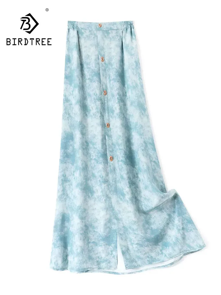 BirdTree-Silk Double Crepe Elegant Skirts, Elastic Waist Printed, Women French Commute A-line Skirt, 2026 Autumn New B68790CC
