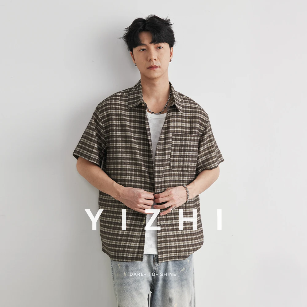 

Men's Japanese Style Lyocell Plaid Short Sleeve Shirt 2026 Summer Loose Drop Shoulder Single Pocket Daily Commute Shirt