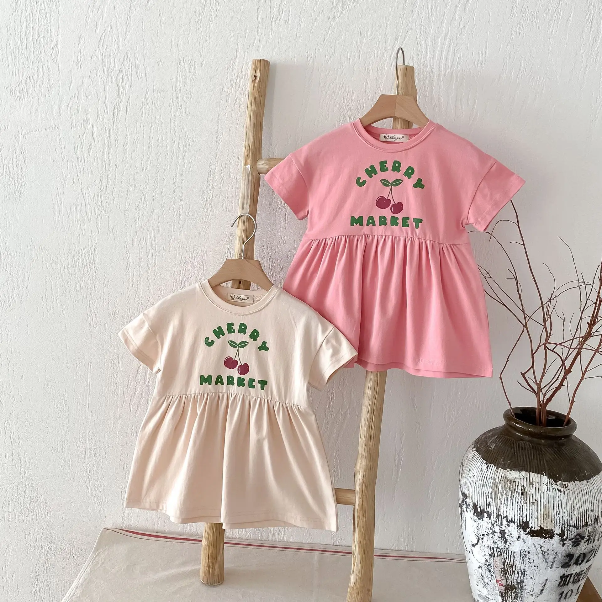 

Children Short Sleeve Dress Summer New Cotton Baby Girls Cherry Letter Print Dress Cute Princess Dress Kids Toddler Casual Dress