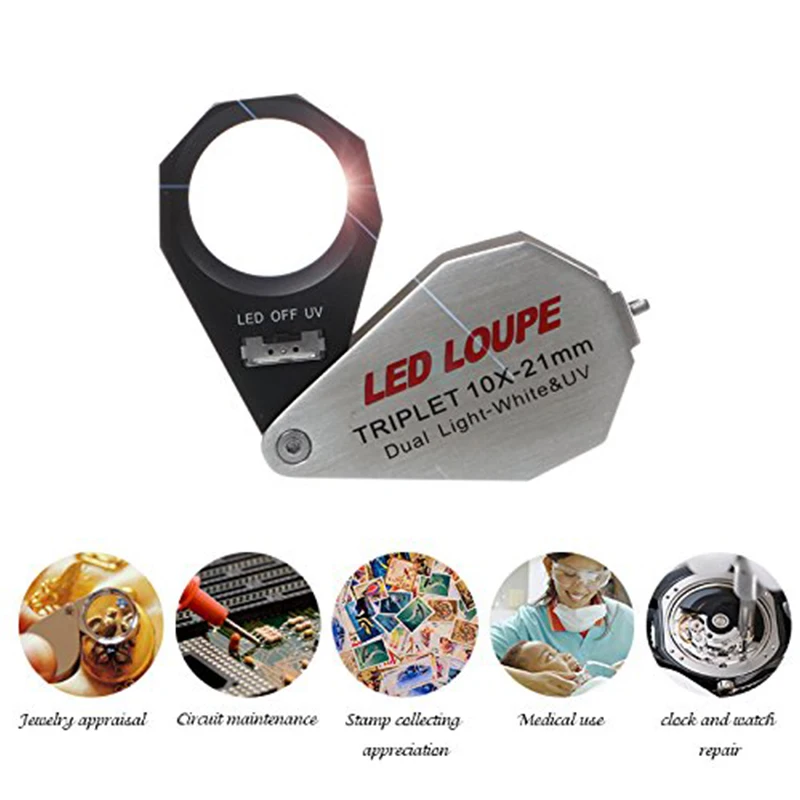 Professional Dual Light UV/LED Triplet Illuminated Loupe 10x Jeweler Magnifier with 6 LED UV Light 21mm Lens for Gems Jewelry