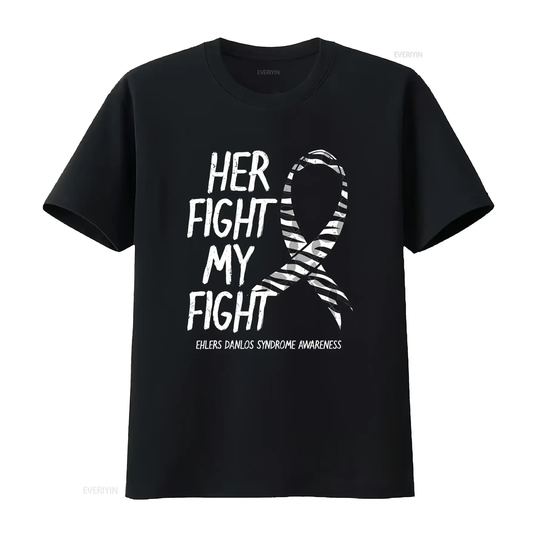 Her Fight Is My Ehlers Danlos Zebra Striped Eds T Shirt Casual Crew Neck Slight Stretch Fabric Regular Fit Print Pattern