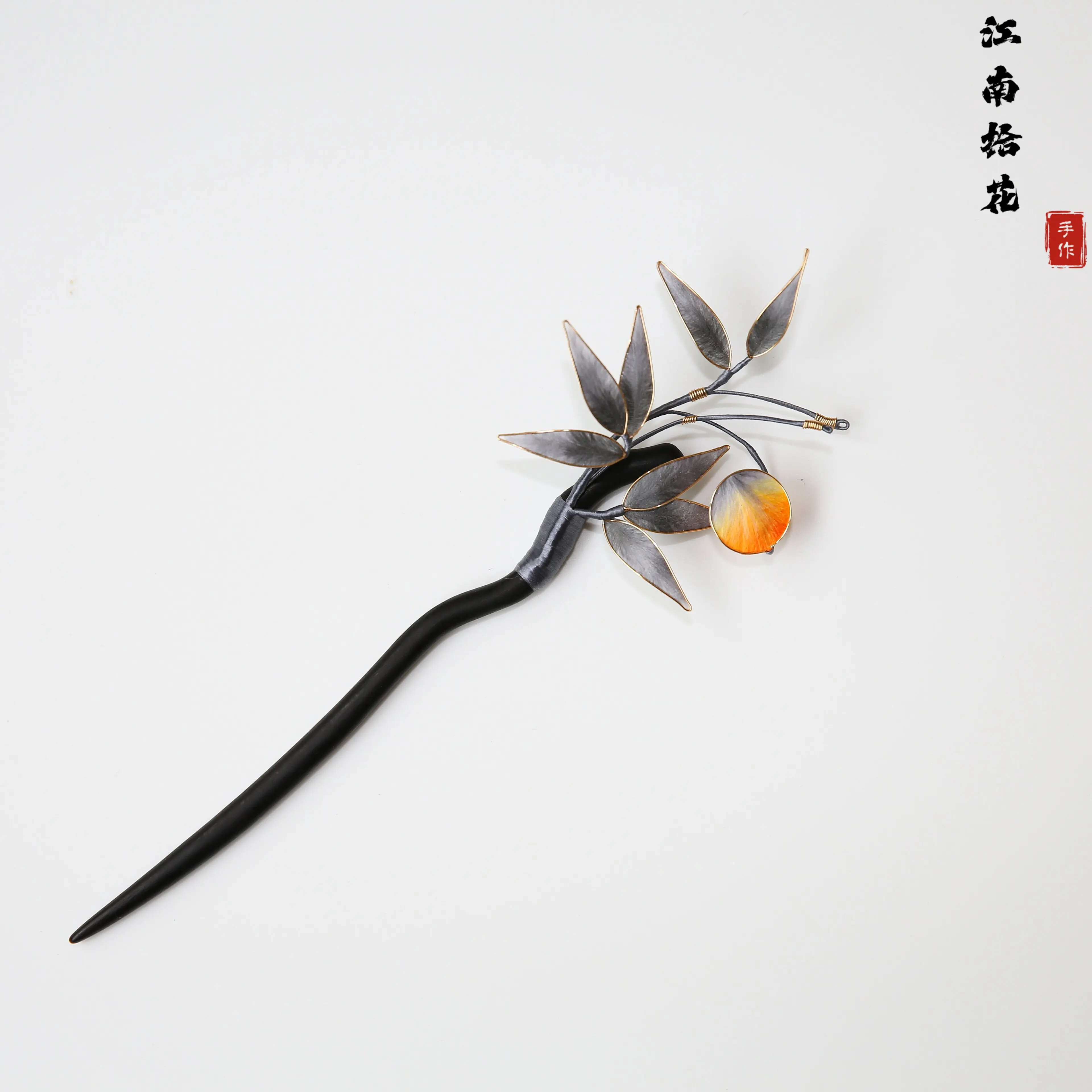 Handmade Intangible Heritage Mulberry Silk Velvet Dark Bamboo Leaf Hairpin, New Chinese Updo Hair Ornament, Gift for Women