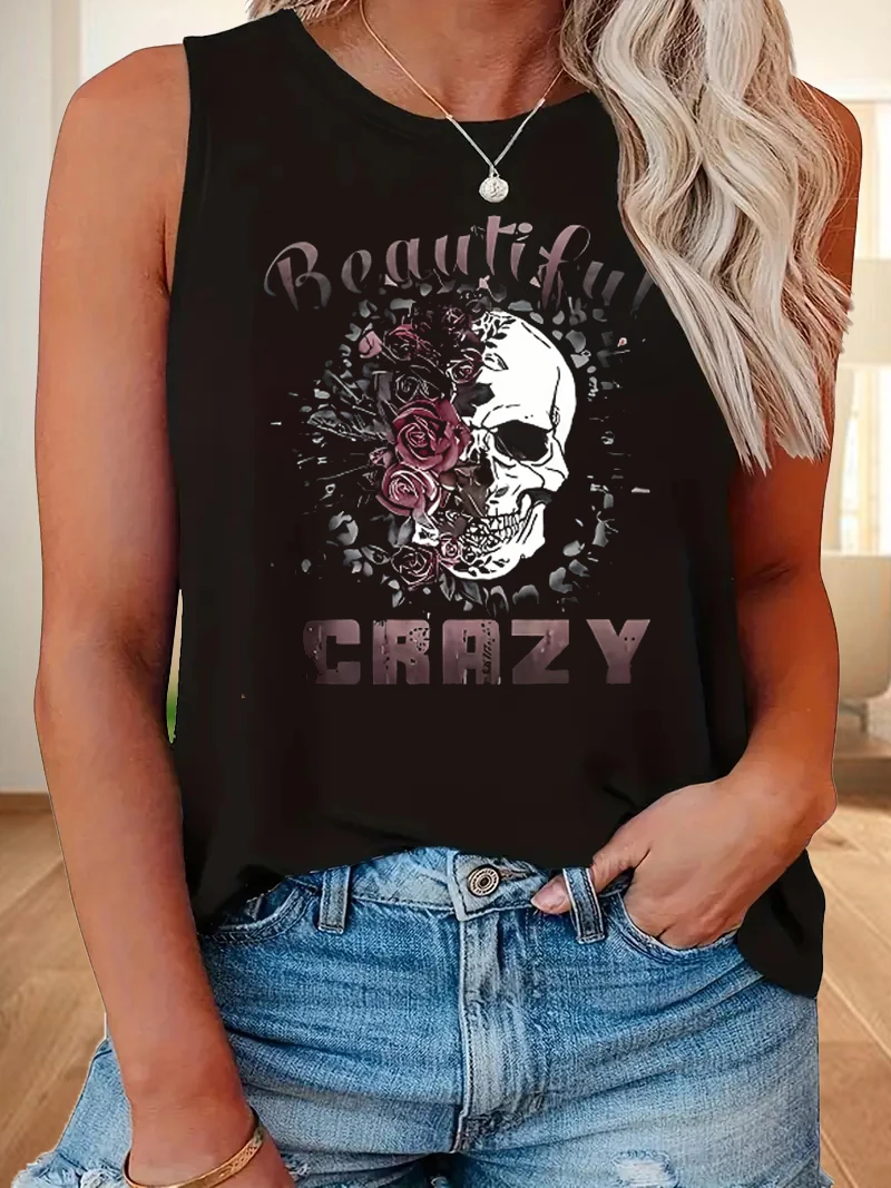 Camisetas sin mangas de talla grande para mujer, ropa holgada elástica con estampado, chaleco negro de gran tamaño, L-5XL de verano, 2024