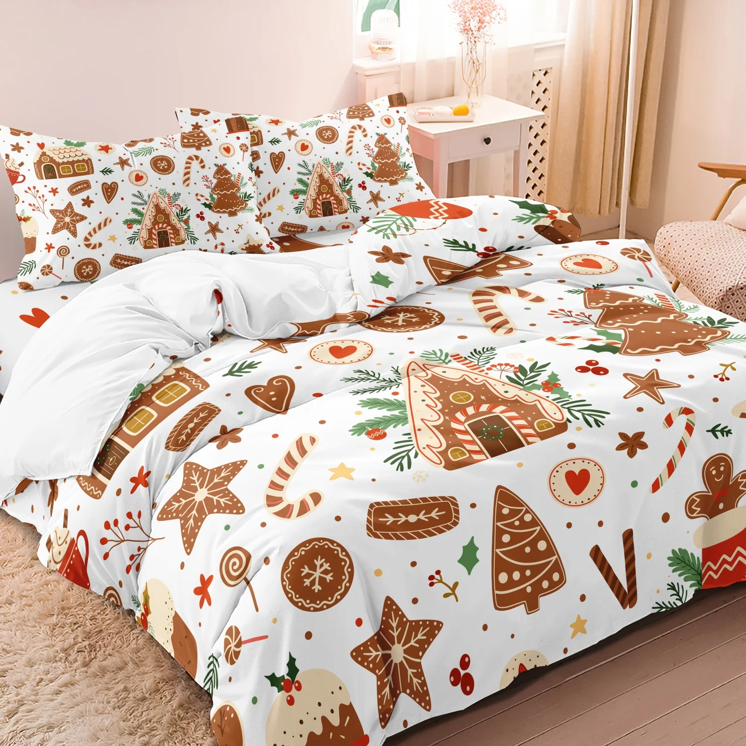 3 Pieces Gingerbread House Cookie Candy Cane Print Duvet Cover Set, Cute Xmas Tree Cake Holly Berry Winter Holiday Print Bedding