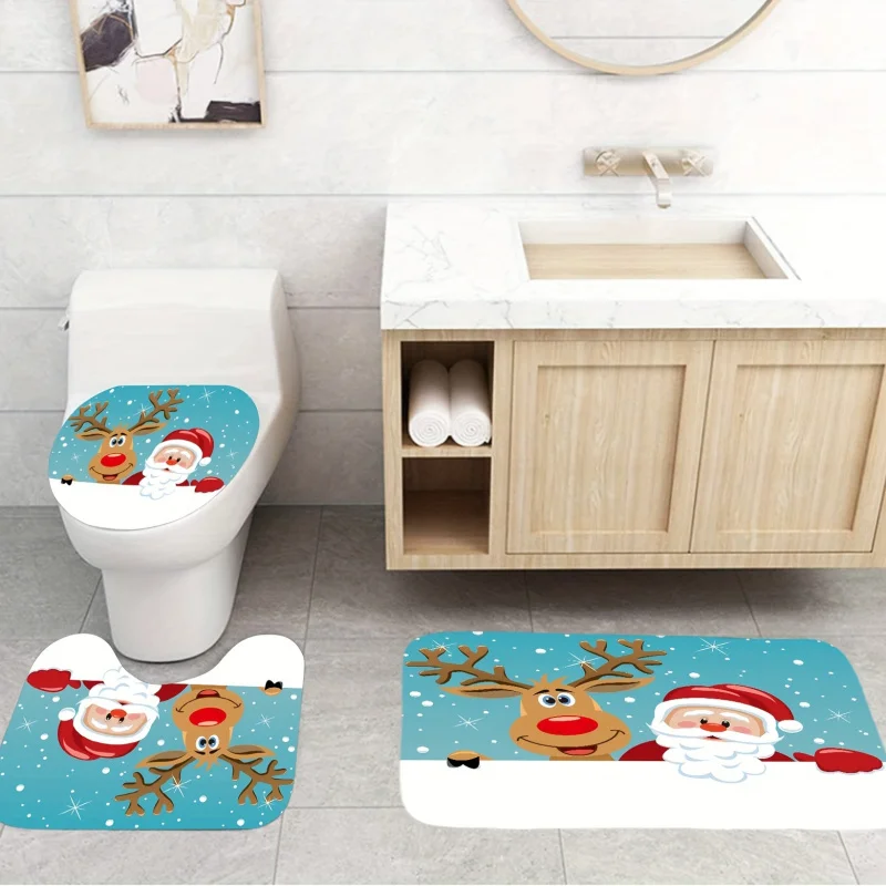 4Pcs Bathroom Blue White Santa With Reindeer Shower Curtain Set, Christmas Holiday Red Christmas Hat Old Man White Bear