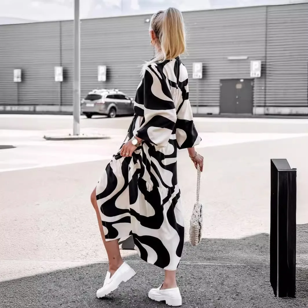 신상 여성 기하학 프린트 벨트 셔츠 드레스 긴팔 버튼다운 캐주얼 시크 & 스트릿 스타일에 이상적