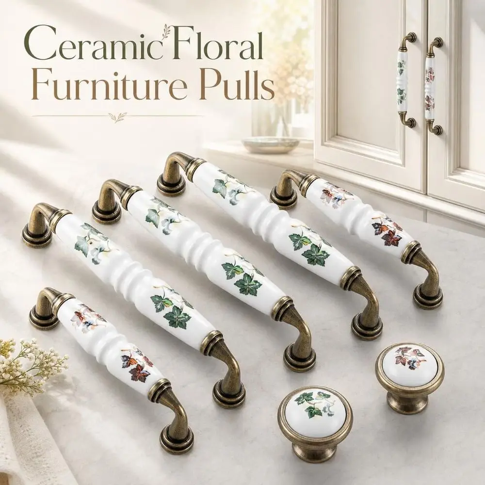 1PC Zinc Alloy Ceramic Cabinet Pulls Floral Pattern Elegant Vintage Drawer Handles Retro Bronze Color Furniture Knobs Wardrobe