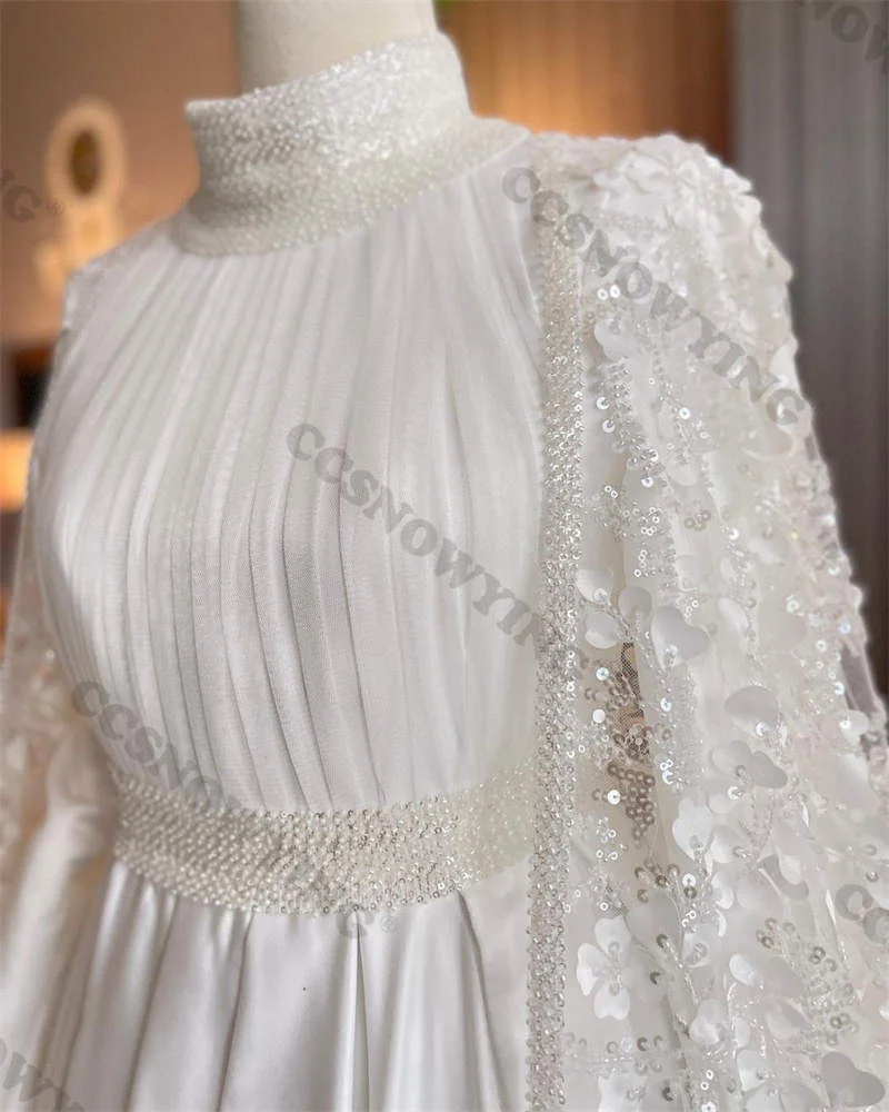 Apliques de cetim frisado vestido de casamento muçulmano para noiva islâmica manga longa com capa vestidos de noiva árabe dubai robe de mariée