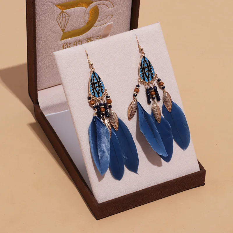 Bohemian Ethnische Lange Feder Ohrringe Boho Wasser Tropfen Gold Farbe Kette Quaste Ohrringe für Frauen Braut Hochzeit Schmuck – Detail 12