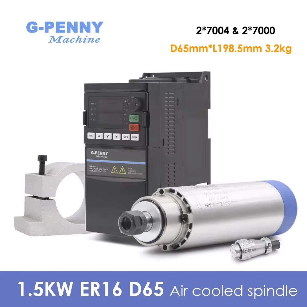 G-Penny 1.5kw ER16 D=65mm Air Cooled Spindle Motor 110V/220v/380v Wood Working Air Cooling 65x258mm 4pcs Bearings