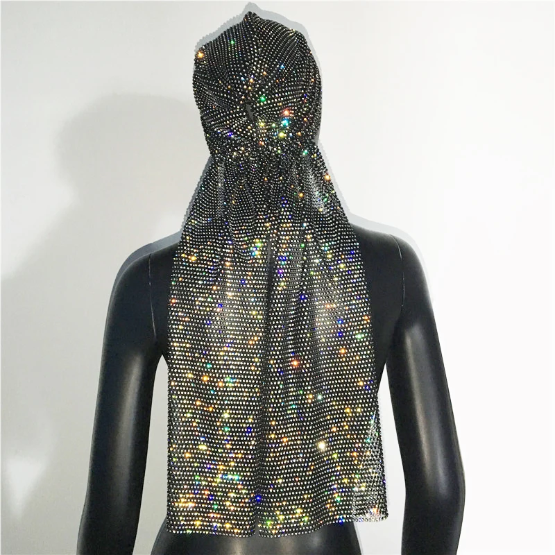 AKYZO diamanti lucidi da donna See Through foulard a rete scava fuori Glitter strass testa nera Top Nightclub Party Fashion